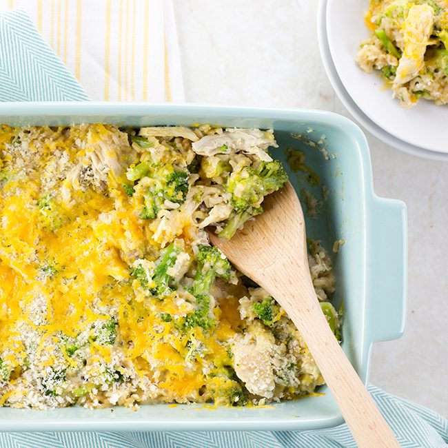overhead shot of chicken and rice casserole