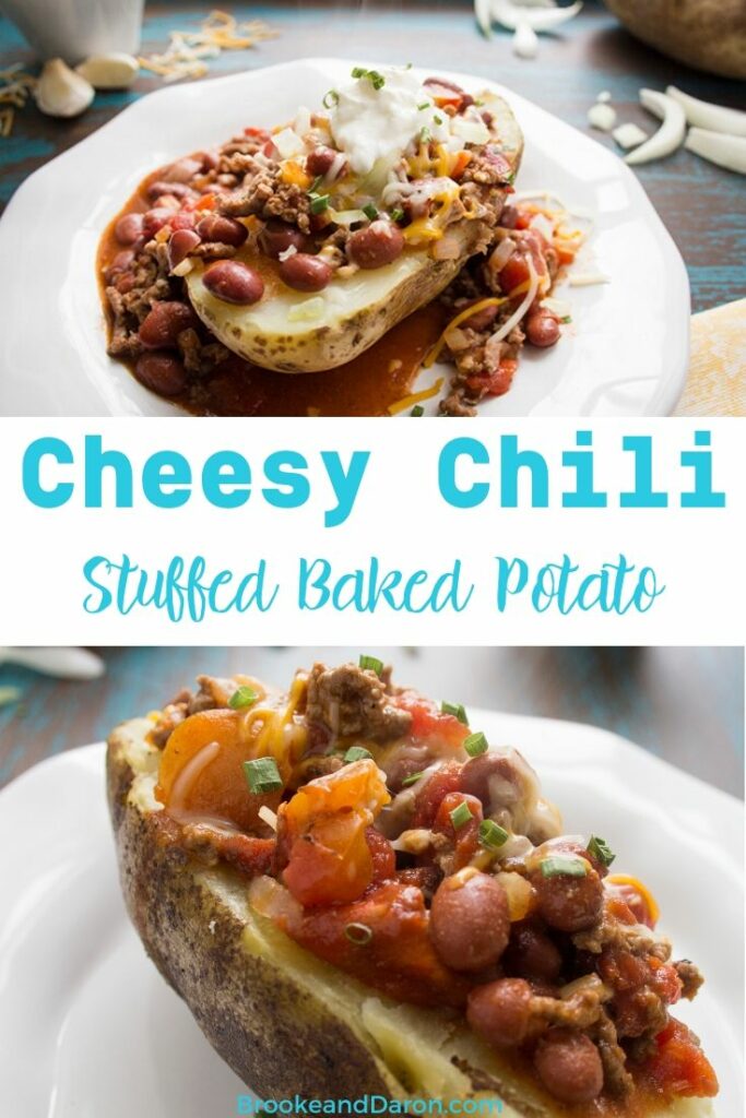 Up close pictures of chili cheese potatoes on a white plate