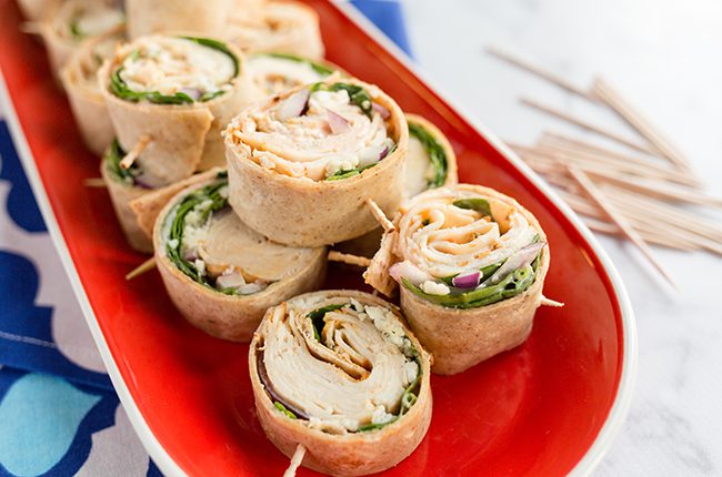 Easy Buffalo Chicken Pinwheels for healthy super bowl food spread
