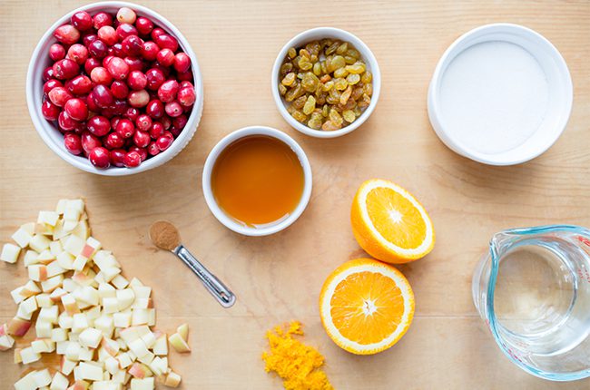 Overhead picture of ingredients for apple chutney with cranberries