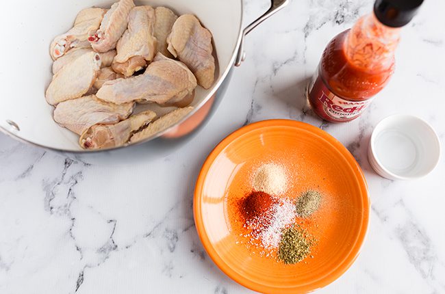 Ingredients for making buffalo chicken wings