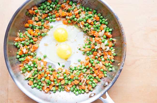 skinny chicken fried rice with egg in skillet