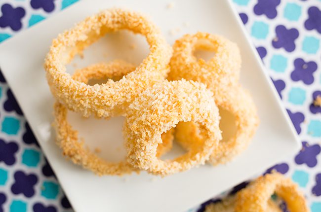 baked onion rings for healthy super bowl food spread