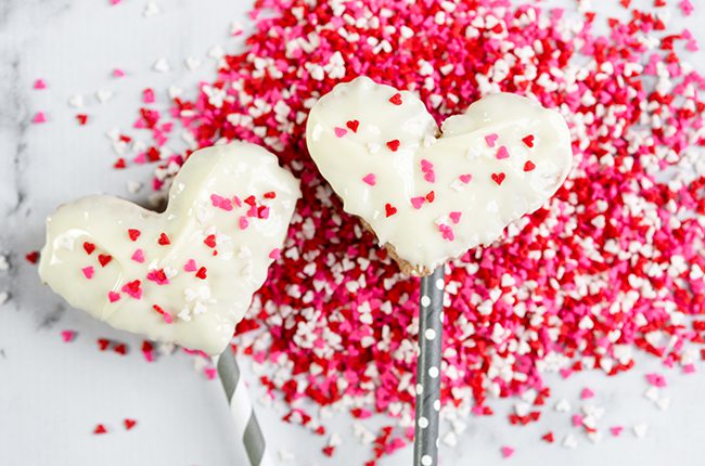 chocolate rice crispy treats hearts with sprinkles