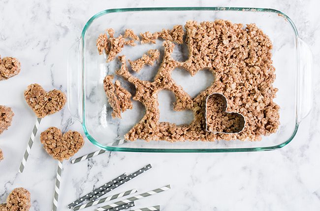 chocolate rice crispy treats in baking dish overhead shot