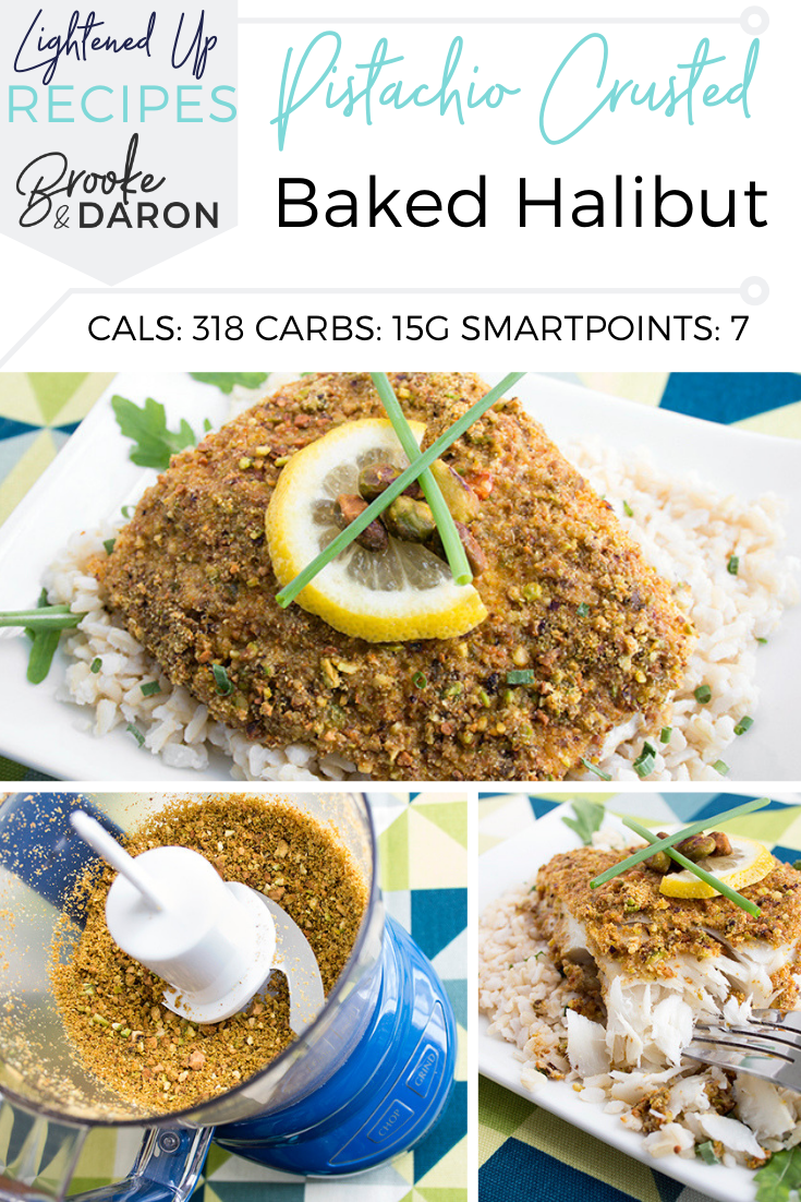 A collage of pistachio crusted baked halibut process of cooking and final product