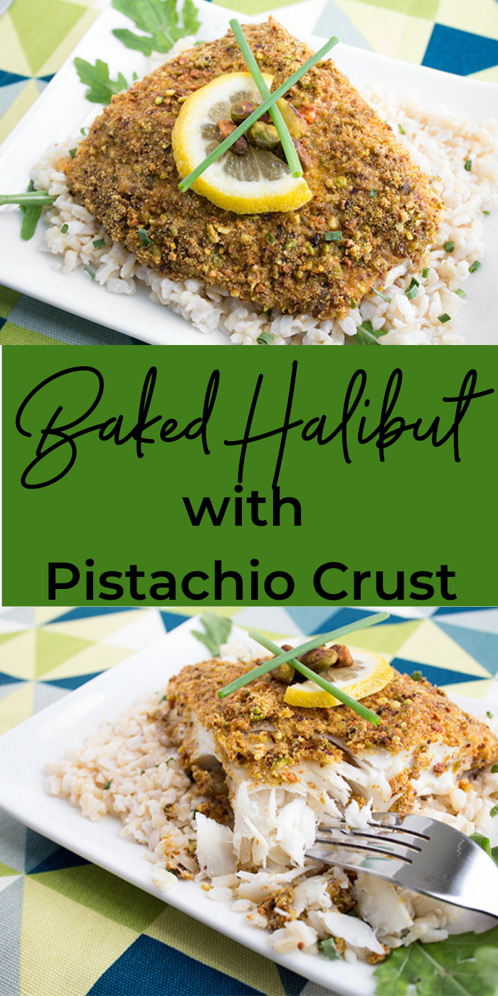 Collage image of baked halibut coated with pistachios and lemon on top