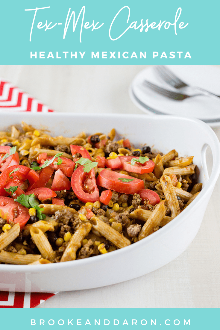 Large white baking dish filled with tex mex casserole