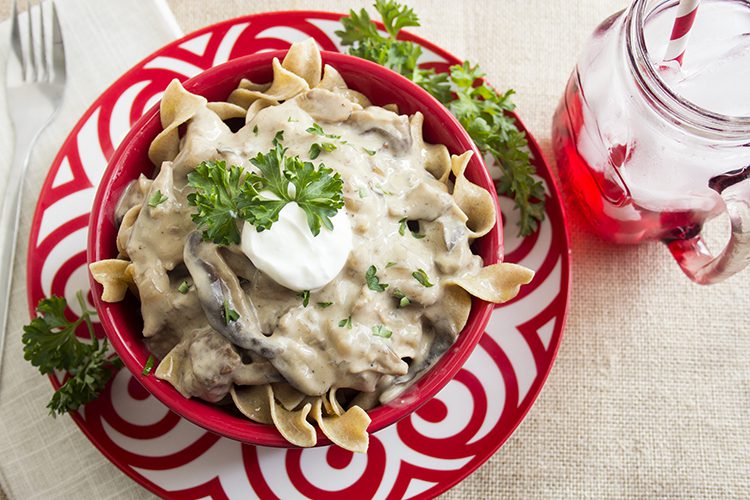 overhead shot of beef stroganoff