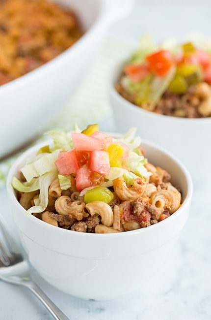White bowls filled with cheeseburger macaroni casserole