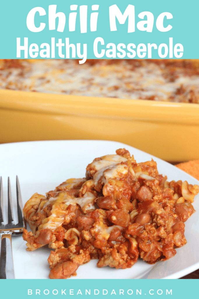 Chili mac casserole on a white plate ready to be served