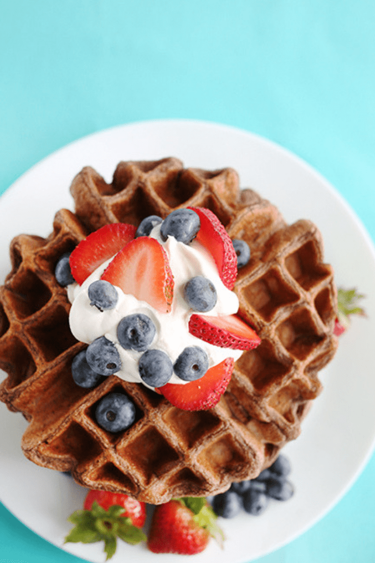Chocolate waffles photographed from above sitting on teal cloth