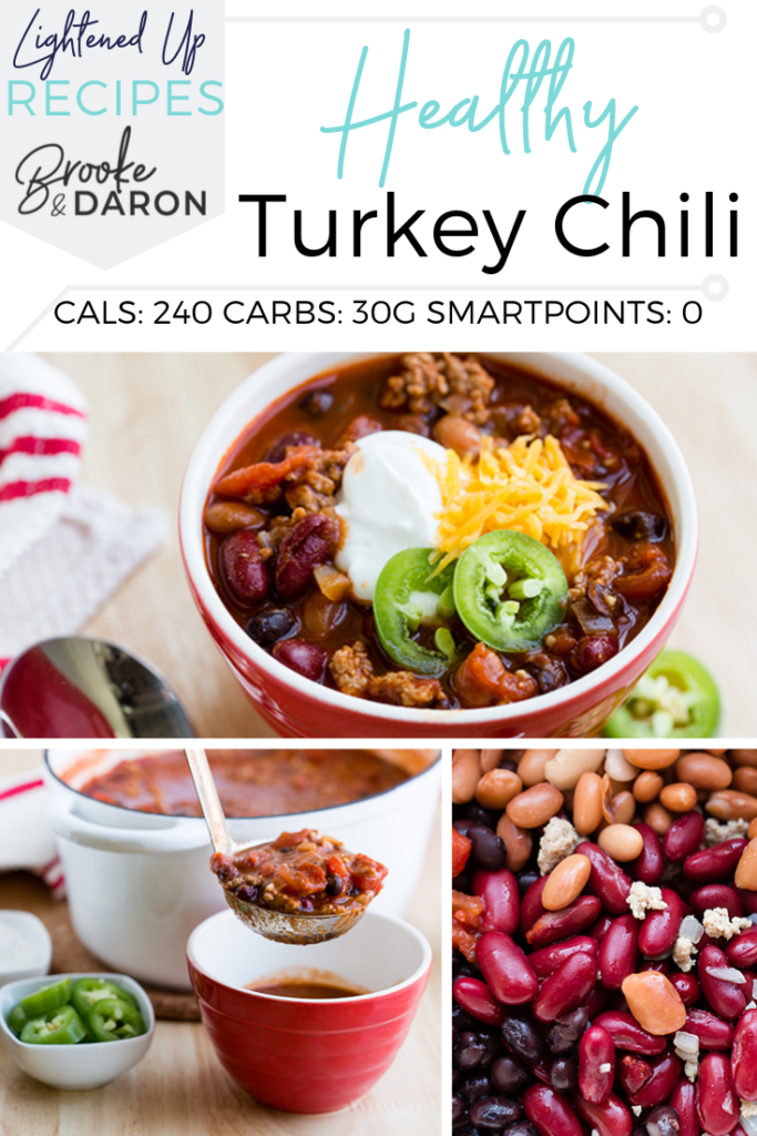 Collage picture lean turkey chili recipe in a red bowl