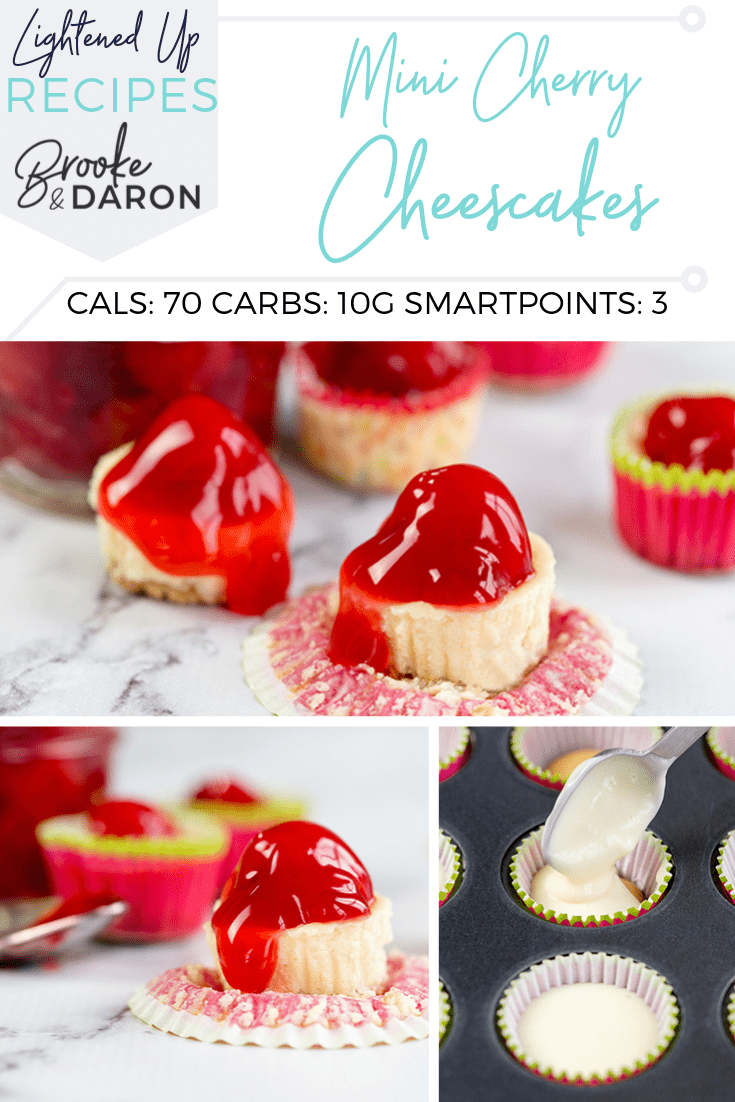 Collage picture of mini cheesecakes being made with cherry topping