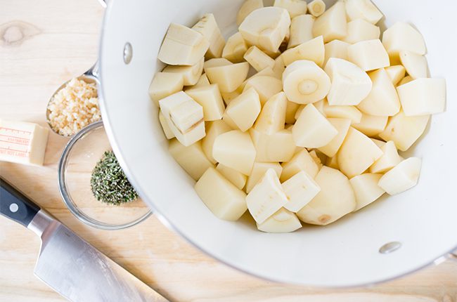 Cubed parsnips in a colander