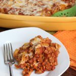 Overhead picture of a white plate filled with chili mac casserole recipe