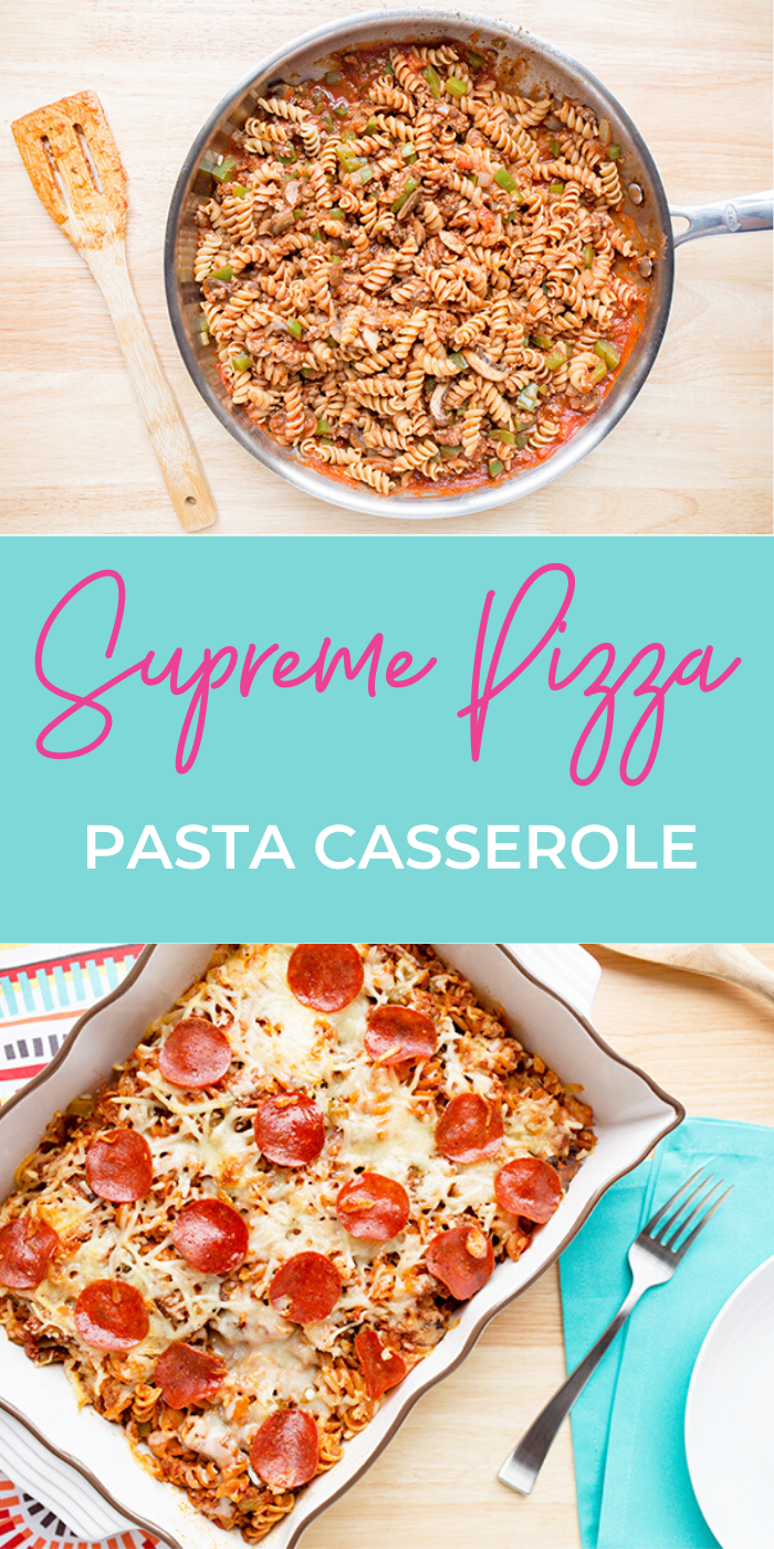 A collage image showing pasta in a skillet and a baking dish of supreme pizza pasta casserole