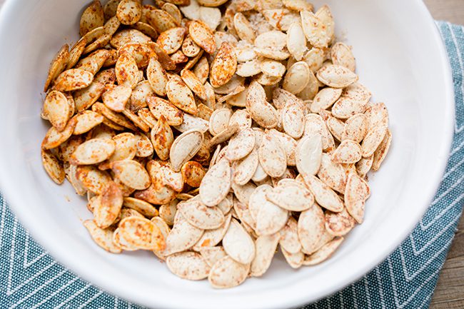 Up close look at pumpkin seeds after being roasted