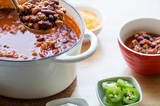 Up close overhead picture of stockpot full of turkey chili