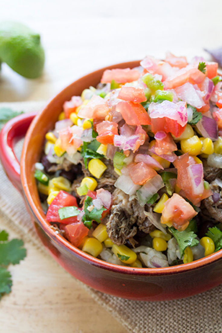 Up close picture of a barbacoa burrito bowl recipe