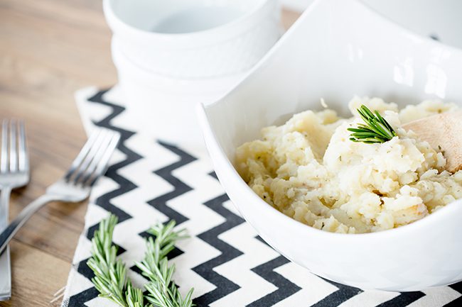 White bowl filled with potato and parsnip mash recipe