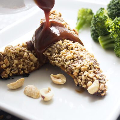 Barbecue Peanut Chicken Tenders with sweet barbecue sauce..